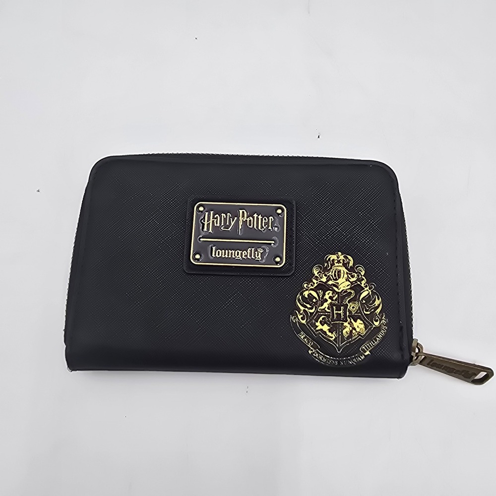 Loungefly Harry Potter Character Graphic Zip Around Wallet Black Hogwarts Crest